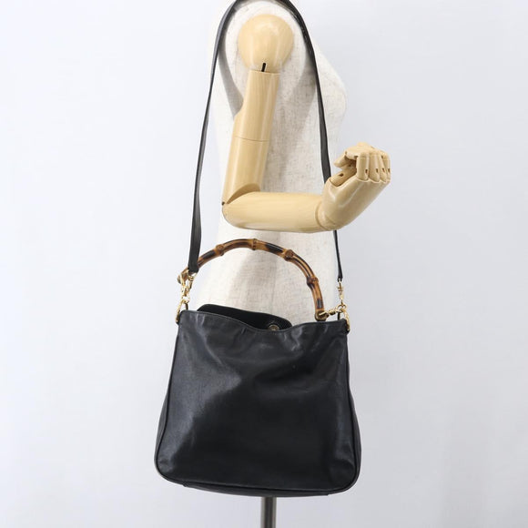 GUCCI Bamboo Hand Bag Leather 2way Black Gold Auth 155242