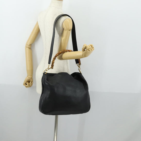 GUCCI Bamboo Hand Bag Leather 2way Black Gold 001 1577 Auth 155243