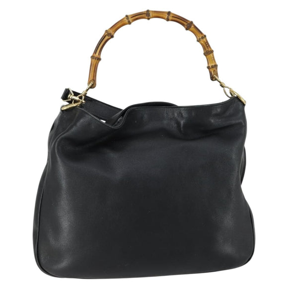 GUCCI Bamboo Hand Bag Leather 2way Black Gold 001 1577 Auth 155243