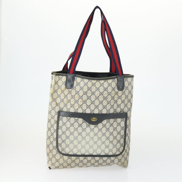 GUCCI GG Canvas GG Plus Sherry Line Bag PVC 3 Set Beige Navy Auth 155246