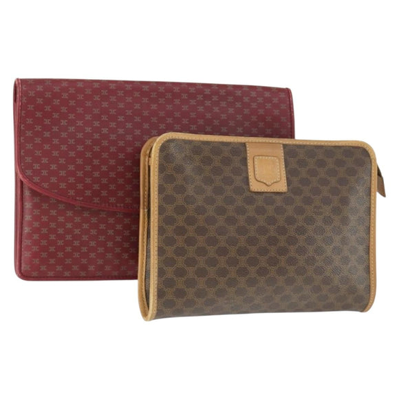 CELINE Macadam Canvas Clutch Bag PVC Leather 2 Set Brown Red Auth 155251