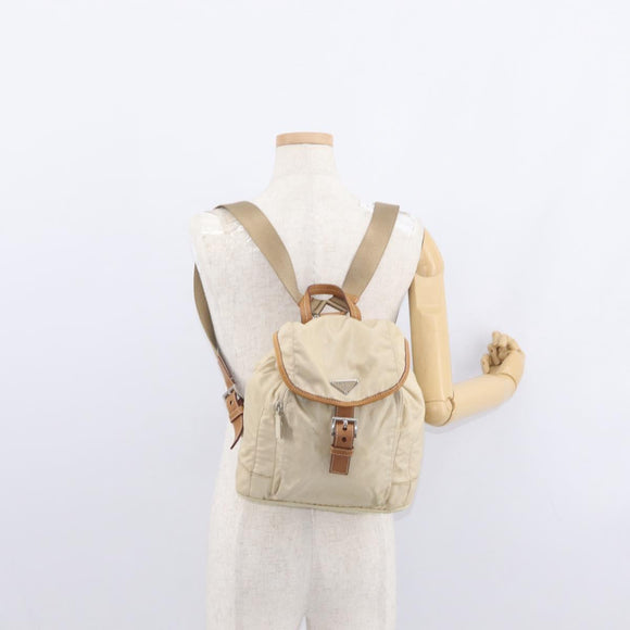 PRADA Backpack Nylon Beige Silver Auth 155293