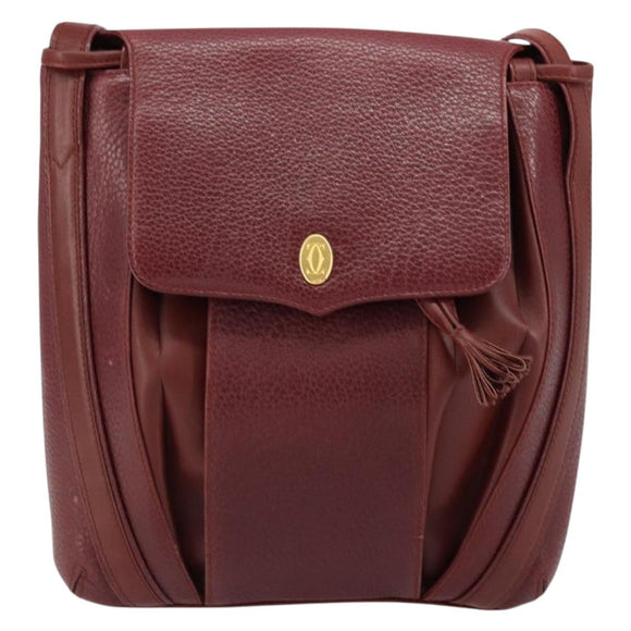 CARTIER Shoulder Bag Leather Bordeaux Gold Auth 155296