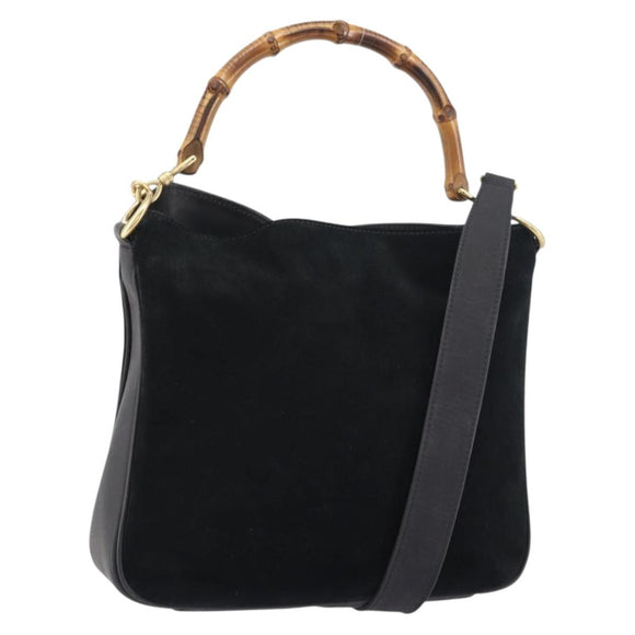 GUCCI Bamboo Hand Bag Suede 2way Black Gold 001 2404 1638 Auth 155302