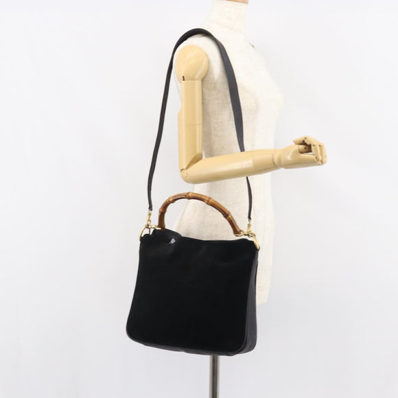 GUCCI Bamboo Hand Bag Suede 2way Black Gold 001 2404 1638 Auth 155302