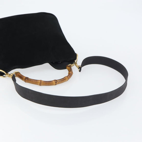 GUCCI Bamboo Hand Bag Suede 2way Black Gold 001 2404 1638 Auth 155302