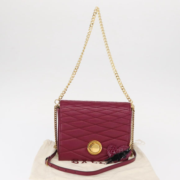 BALLY Chain Shoulder Bag Leather Wine Red Gold Auth 155307