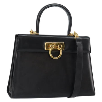 Salvatore Ferragamo Gancini Hand Bag Leather 2way Black Gold Auth 155312
