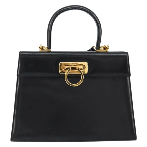 Salvatore Ferragamo Gancini Hand Bag Leather 2way Black Gold Auth 155312
