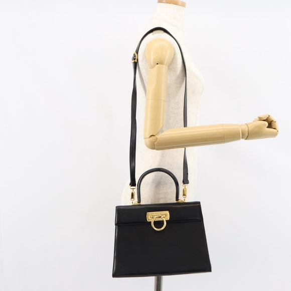 Salvatore Ferragamo Gancini Hand Bag Leather 2way Black Gold Auth 155312