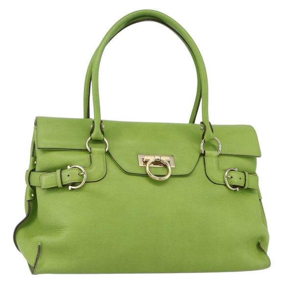 Salvatore Ferragamo Gancini Tote Bag Leather Green Gold Auth 155313