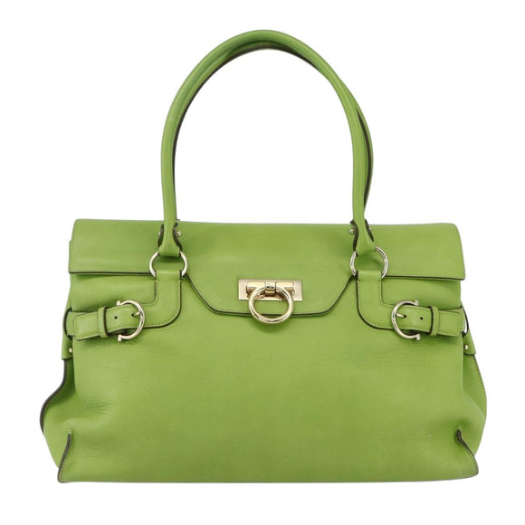 Salvatore Ferragamo Gancini Tote Bag Leather Green Gold Auth 155313