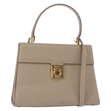 Salvatore Ferragamo Gancini Hand Bag Leather 2way Beige Gold Auth 155314