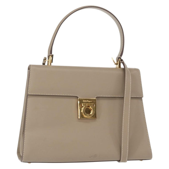 Salvatore Ferragamo Gancini Hand Bag Leather 2way Beige Gold Auth 155314