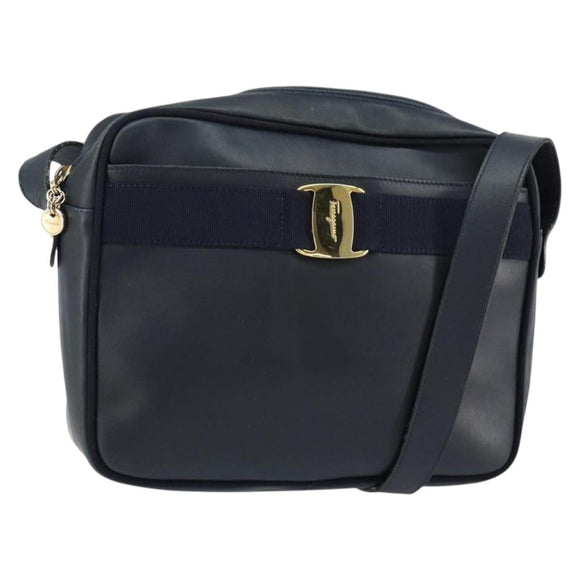 Salvatore Ferragamo Vala Shoulder Bag Leather Navy Gold Auth 155315