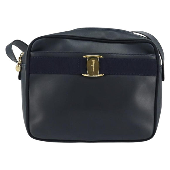 Salvatore Ferragamo Vala Shoulder Bag Leather Navy Gold Auth 155315