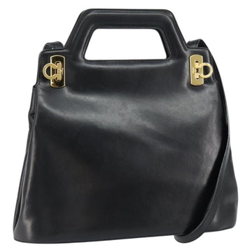 Salvatore Ferragamo Gancini Hand Bag Leather 2way Black Gold Auth 155316