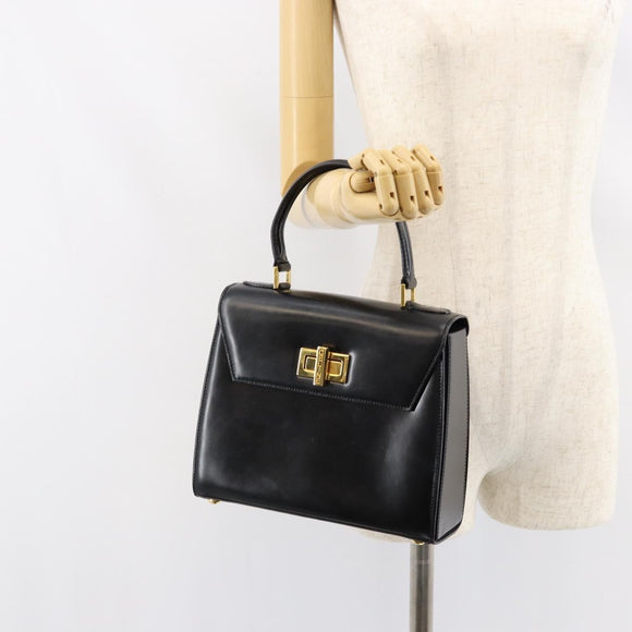 CELINE Hand Bag Leather Black Gold Auth 155321