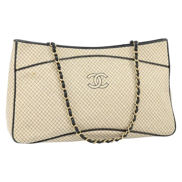 CHANEL Chain Tote Bag Cotton Beige Gold CC Auth 155323