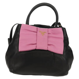 PRADA Ribbon Hand Bag Leather 2way Black Gold Auth 155326V - 0