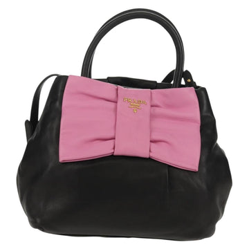 PRADA Ribbon Hand Bag Leather 2way Black Gold Auth 155326V - 0