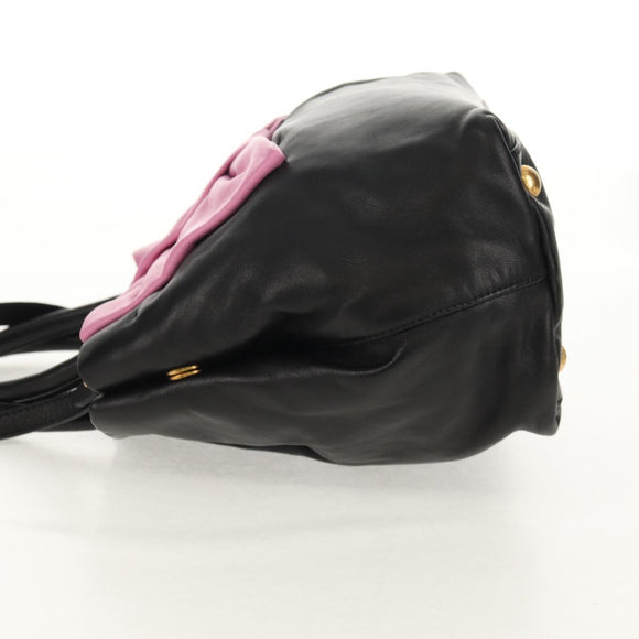 PRADA Ribbon Hand Bag Leather 2way Black Gold Auth 155326V