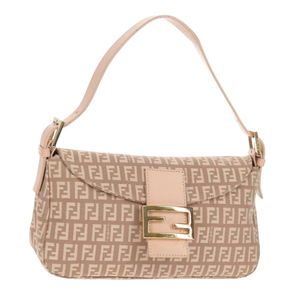 FENDI Zucchino Canvas Mamma Baguette Shoulder Bag Gold Pink Auth 155341V
