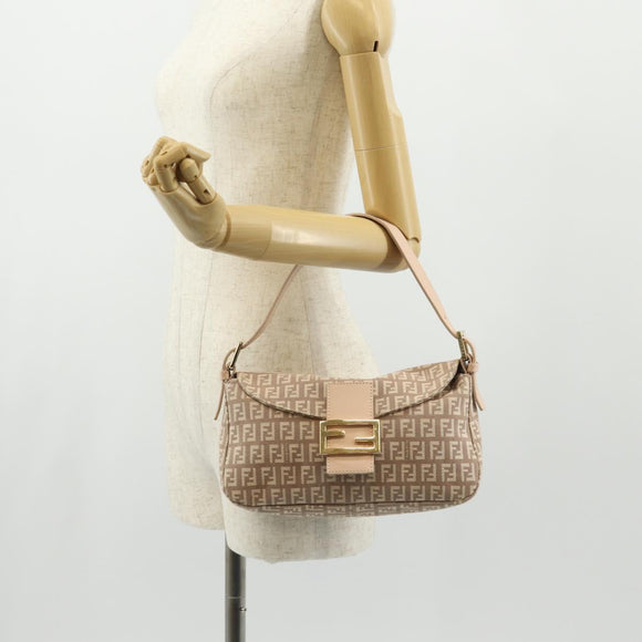 FENDI Zucchino Canvas Mamma Baguette Shoulder Bag Gold Pink Auth 155341V