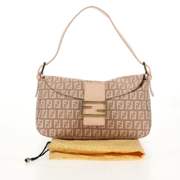 FENDI Zucchino Canvas Mamma Baguette Shoulder Bag Gold Pink Auth 155341V