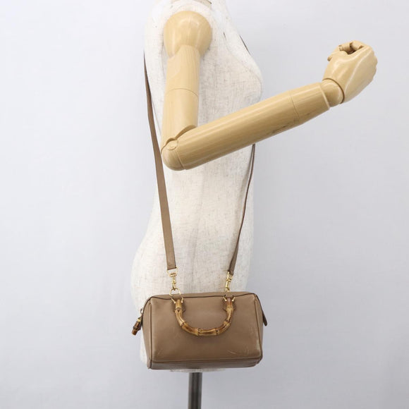 GUCCI Bamboo mini Boston Bag Leather 2way Beige Gold 007 3444 0232 Auth 155385