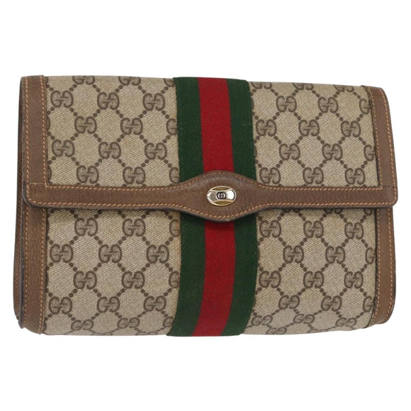 GUCCI GG Supreme Web Sherry Line Clutch Bag PVC Beige Gold 89 01 006 Auth 155387