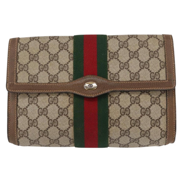 GUCCI GG Supreme Web Sherry Line Clutch Bag PVC Beige Gold 89 01 006 Auth 155387