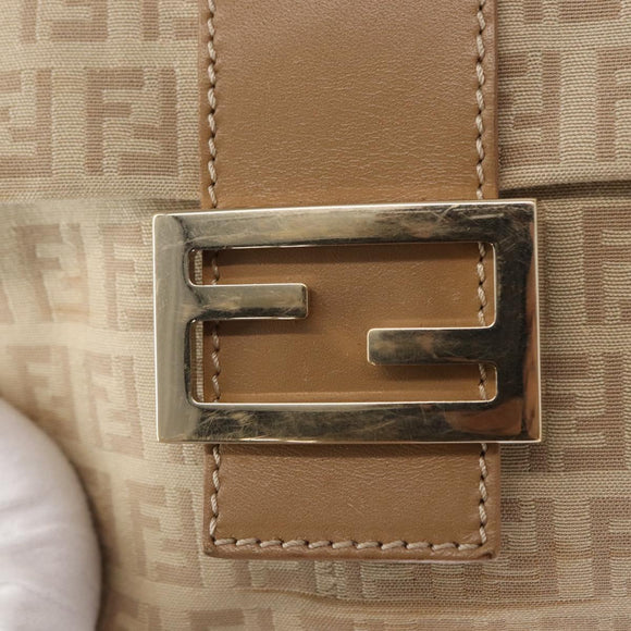 FENDI Zucchino Canvas Mamma Baguette Shoulder Bag Beige Silver Auth 155393