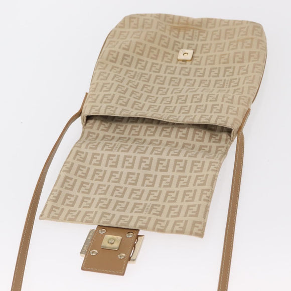 FENDI Zucchino Canvas Mamma Baguette Shoulder Bag Beige Silver Auth 155393