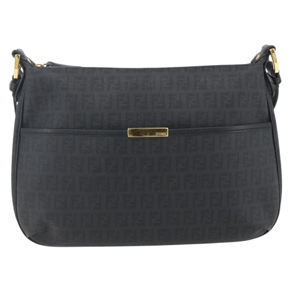 FENDI Zucchino Canvas Shoulder Bag PVC Black Gold Auth 155394