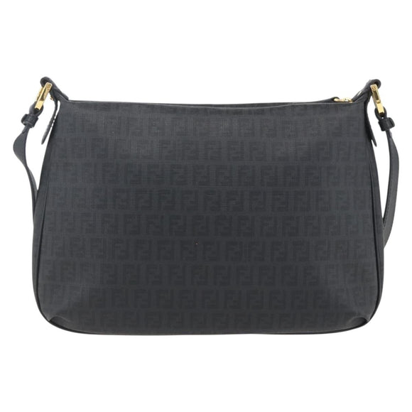 FENDI Zucchino Canvas Shoulder Bag PVC Black Gold Auth 155394