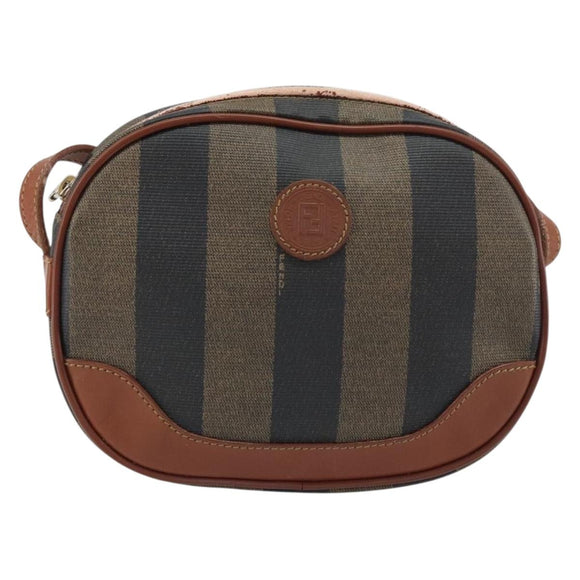 FENDI Pecan Canvas Shoulder Bag PVC Black Brown gold Auth 155395