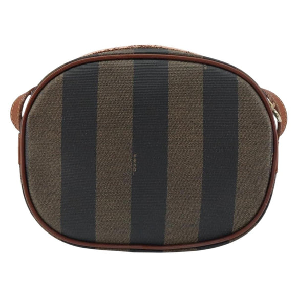 FENDI Pecan Canvas Shoulder Bag PVC Black Brown gold Auth 155395