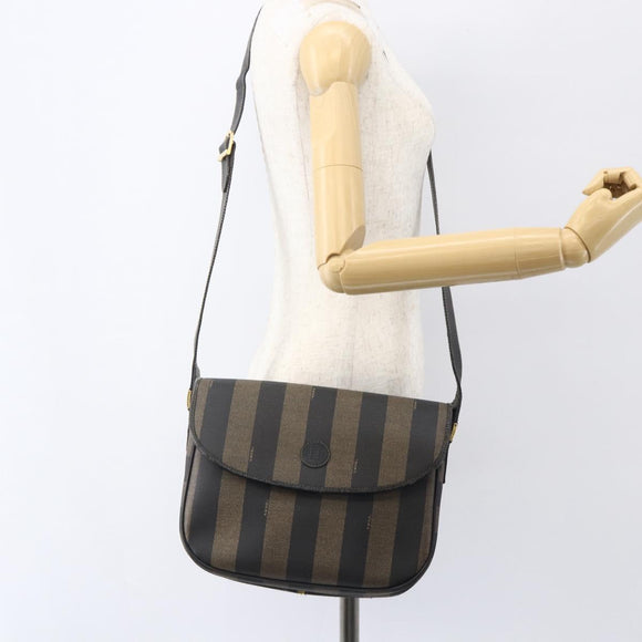 FENDI Pecan Canvas Shoulder Bag PVC Black Brown gold Auth 155396