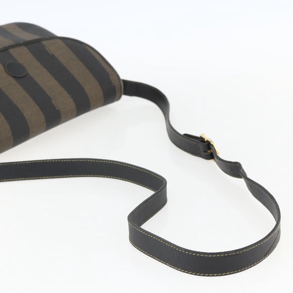 FENDI Pecan Canvas Shoulder Bag PVC Black Brown gold Auth 155396