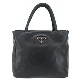 PRADA Hand Bag Leather Black Gold Auth 155399 - 0