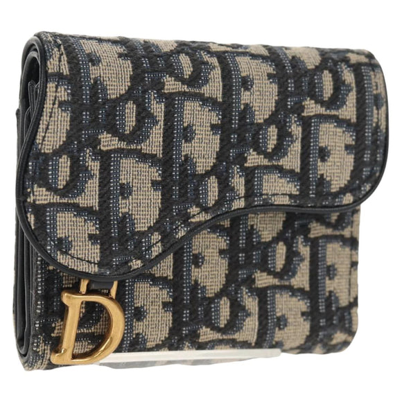Christian Dior Trotter Canvas Oblique Wallet Navy Gold Auth 155462M