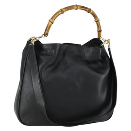 GUCCI Bamboo Shoulder Bag Leather 2way Black Gold 001 1577 Auth 155471