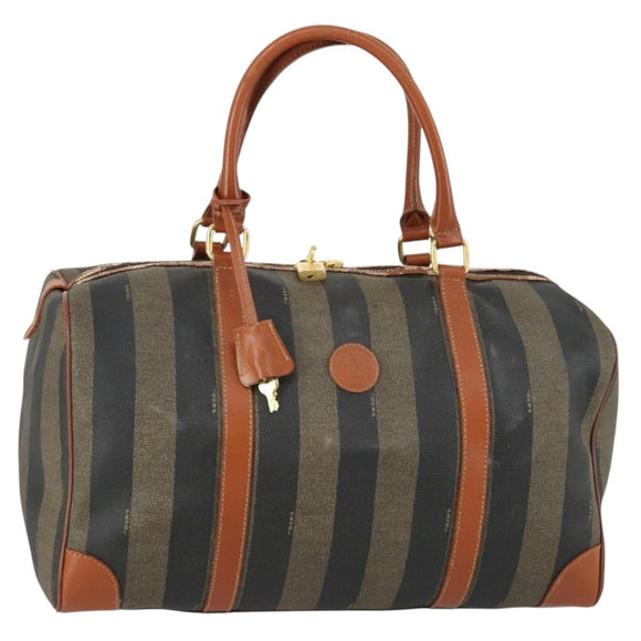 FENDI Pecan Canvas Boston Bag Black Brown gold Auth 155477