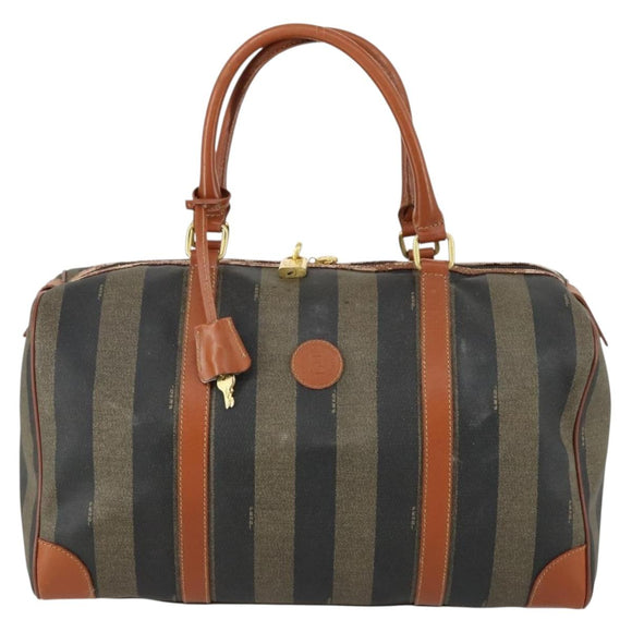 FENDI Pecan Canvas Boston Bag Black Brown gold Auth 155477
