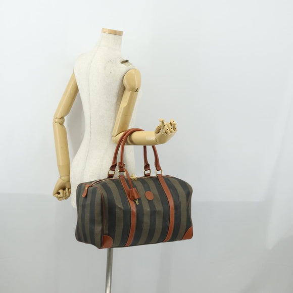 FENDI Pecan Canvas Boston Bag Black Brown gold Auth 155477