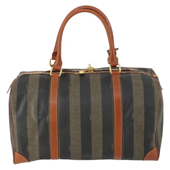 FENDI Pecan Canvas Boston Bag Black Brown gold Auth 155477