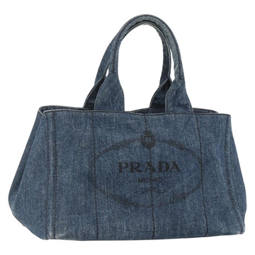 PRADA Canapa MM Hand Bag Denim Blue Gold Auth 155597