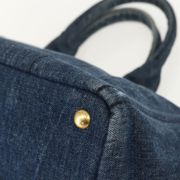 PRADA Canapa MM Hand Bag Denim Blue Gold Auth 155597A