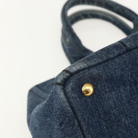 PRADA Canapa MM Hand Bag Denim Blue Gold Auth 155597